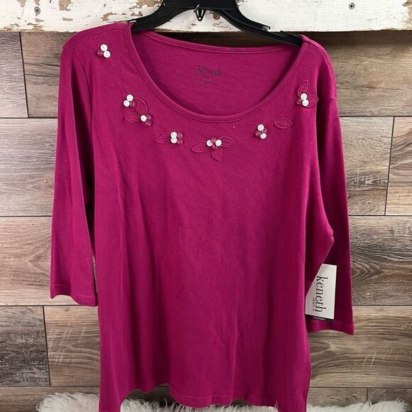 KENETH TOO Ladies Petite Scoop Neck Floral Applique Top Flowers Eve PXL NWT - Picture 2 of 8